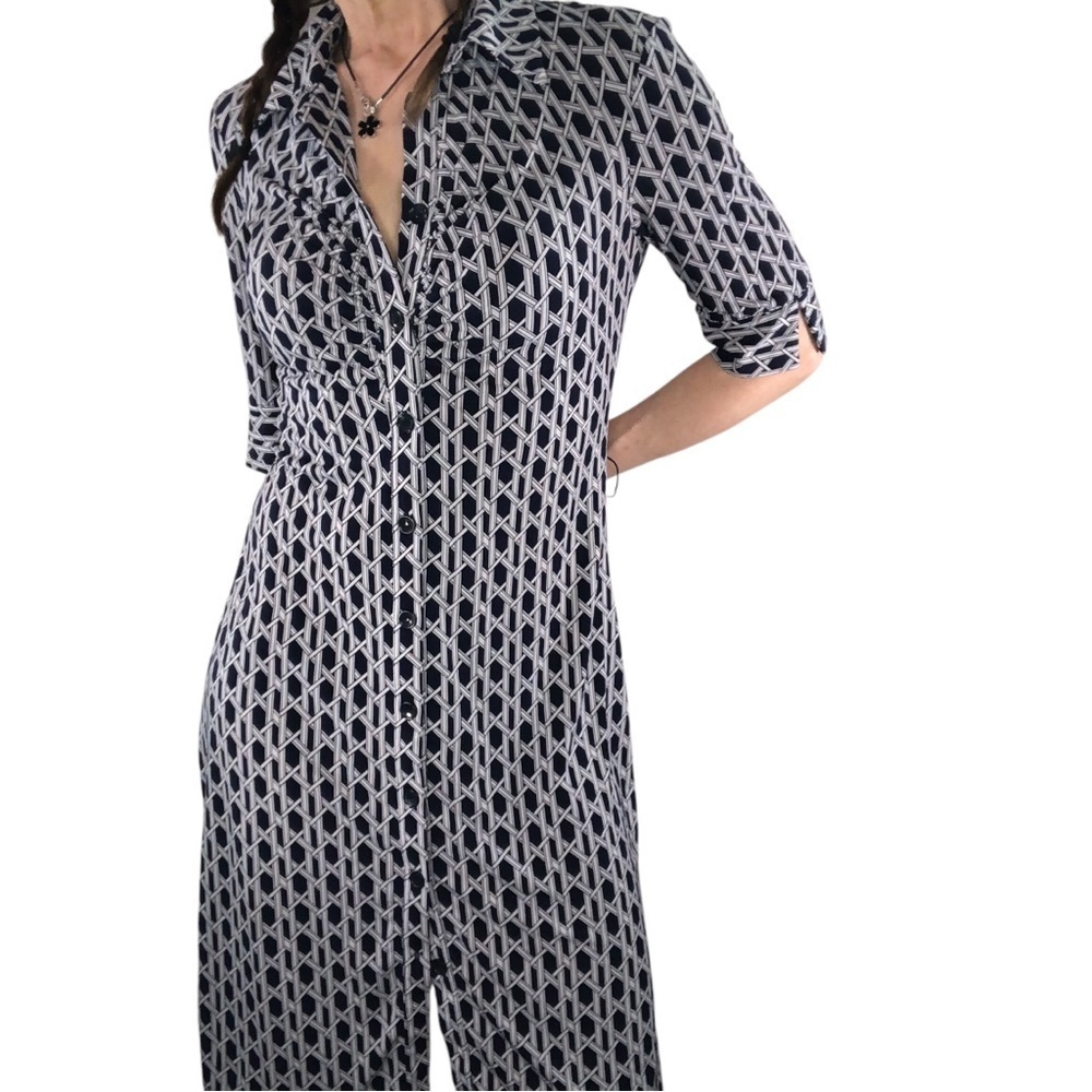 Laundry Shelli Segal Shirt Dress Sz 4 Geometric Print Jersey Knit Button Classic